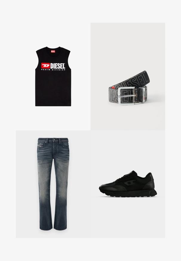 T-shirt noir sans manches en coton, arborant un logo "DIESEL" blanc prominent et une boîte d'accent rouge, avec "DENIM DIVISION" en dessous.; Jean droit en denim bleu foncé délavé avec des sections effacées, des plis subtils et des détails usés. Fermeture par bouton avec cinq poches.; Baskets basses noires avec cuir texturé et panneaux en tissu, fermeture lacets et semelle épaisse en caoutchouc sur un fond clair uni.; Ceinture noire Diesel avec grand texte logo blanc, boucle rectangulaire en argent, et détail de boucle métallique brandée, enroulée sur un fond clair.