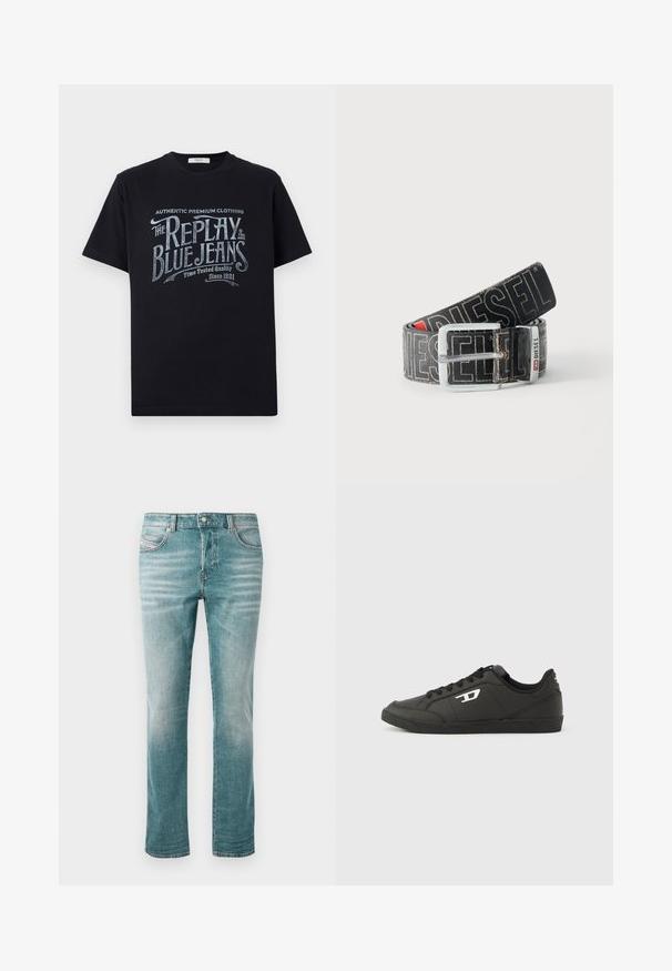 Schwarzes Baumwoll-T-Shirt mit kurzen Ärmeln und rundem Halsausschnitt, mit einem grafischen Textdesign im Vintage-Stil in Weiß und hellblau auf der Vorderseite.; Hellblaue Jeans aus Denim mit geradem Schnitt, fünf Taschen, dezentem Used-Look und klassischem Knopfverschluss an der Taille.; Schwarze Sneakers aus synthetischem Material mit einer strukturierten schwarzen Sohle, rundem Zehenbereich und flachen schwarzen Schnürsenkeln. Auffälliges weißes Logo auf der Außenseite.; Schwarzer Diesel-Gürtel mit großem weißen Logotext, rechteckiger silberner Schnalle und gebrandetem Metallschlaufen-Detail, aufgewickelt auf hellem Hintergrund.