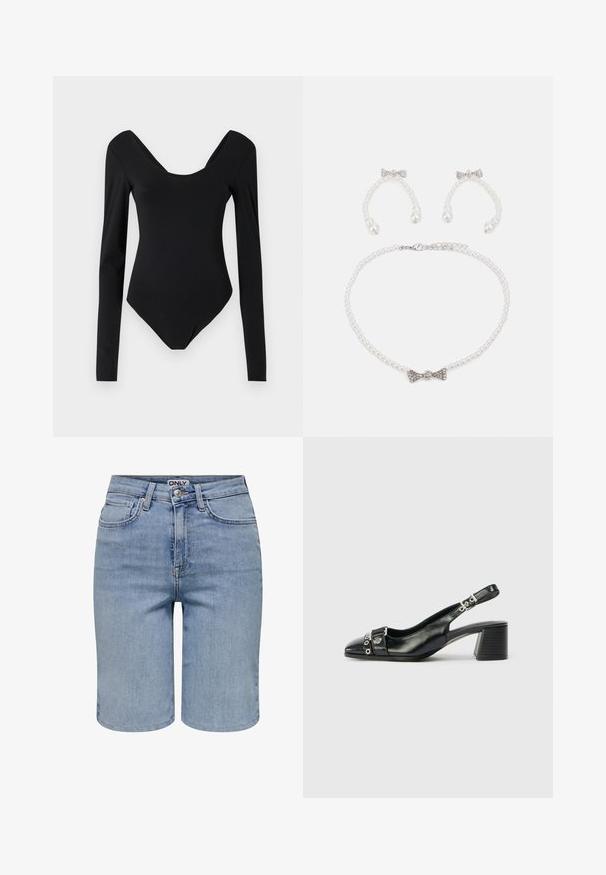 Zwarte lange mouwen bodysuit met een diepe scoophals, gemaakt van een soepele, rekbare stof, met een aansluitend ontwerp en minimale naden.; Lichtblauwe denim shorts met voorzakken, riemlussen, een metalen knoop en een ritssluiting.; Zwart leren slingback hak met een spitse neus, eenTextuur strap met cirkelvormige metalen accenten en een gestapelde blokhak.; Parelketting en bijpassende oorbellen set. De ketting heeft ronde parels met een zilveren strikaccent; de oorbellen weerspiegelen het strikontwerp met parelhangertjes.