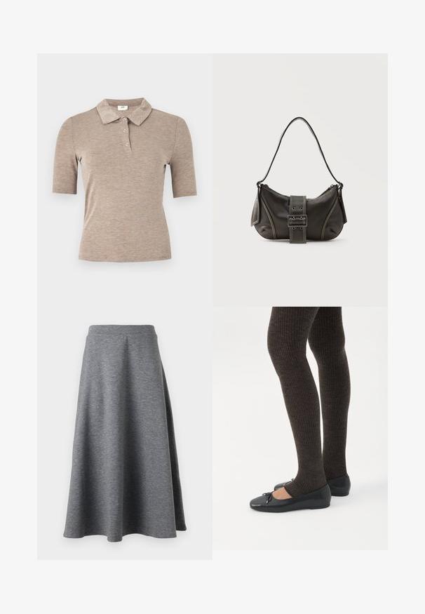JDY JDYSANNI - Polosärk - medium grey melange; Hallide, kuni põlveni ulatuv seelik, mis on valmistatud pehmest ja elastse materjalist, omades laienevat disaini ja mugavat elastset vööosa.; Jalad seljas tumedad soonelises soonelises kombines mustade baleriinadega, millel on väikesed paelade detailid valgel taustal.; Mustast nahast õlakott pandlanööriga detailiga, kõverate servade ja kontrastse valge õmblusega tavalise tausta peal.