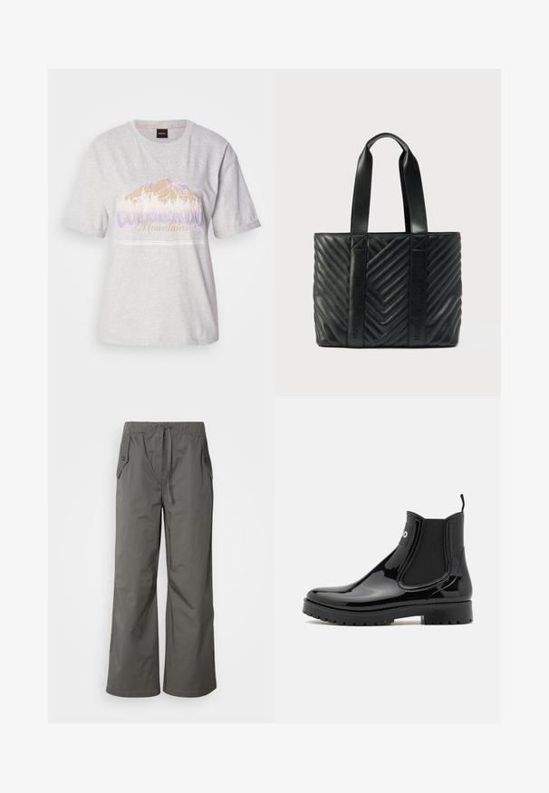 T-shirt en coton gris clair à manches courtes, avec un graphisme de montagne et du texte en violet et beige. Encolure ronde, coupe décontractée.; Pantalons gris à jambes larges en tissu léger, dotés d'une taille élastique, d'un cordon de serrage et de deux poches latérales avec des accents en bouton.; HUGO TABITA - Bottes en caoutchouc - black; Sac cabas matelassé noir avec un motif chevron, équipé de poignées plates et d'un logo embossé sur les côtés. Fabriqué en cuir lisse.