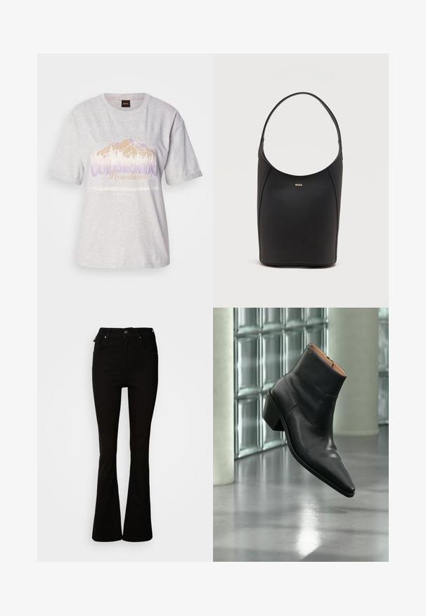 Lys grå bomulds t-shirt med korte ærmer, der har et bjerggrafik og tekst i lilla og beige. Rund halsudskæring, afslappet pasform.; Sorte flare jeans lavet af denim, med høj talje, forlommer og et klassisk fem-lomme design med metalhardware detaljer.; Sort læderankelstøvle med spids tå og blokhæl, der svæver over en reflekterende grå gulv nær en væg af glasblokke.; Sort læder bucket taske med én skulderrem og lille guldfarvet BOSS-logo centreret tæt på toppen foran.