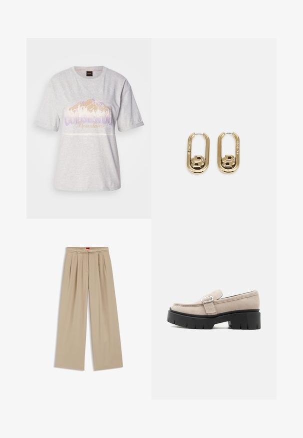 Lys grå bomulds t-shirt med korte ærmer, der har et bjerggrafik og tekst i lilla og beige. Rund halsudskæring, afslappet pasform.; Beige bukser med vide ben, plisseringer, bælte med dobbelt ringespænde og en tynd guldkæde som tilbehør ved linningen, lagt fladt.; Beige ruskindslipper med sølvspænde og tyk sort kraftig sål, set fra siden på hvid baggrund.; BOSS DOUBLE B SWING - Øreringe - gold-coloured