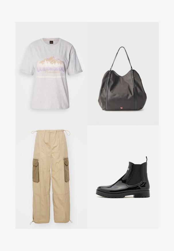 Lys grå bomulds t-shirt med korte ærmer, der har et bjerggrafik og tekst i lilla og beige. Rund halsudskæring, afslappet pasform.; Beige cargo bukser med snoretræk i taljen, to sidelommer, justerbare manchetter og tekstureret stof. Har olivengrønne accentlommer.; HUGO TABITA - Gummistøvler - black; Sort blød mulepose med to justerbare skulderremme og et lille rødt hjerteemblem nær bunden mod en ensfarvet baggrund.