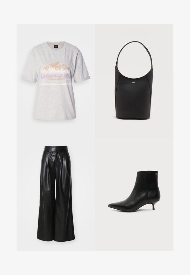 Helle graue Baumwoll-T-Shirt mit kurzen Ärmeln, das ein Berggrafik und Text in Violett und Beige zeigt. Runder Halsausschnitt, lockere Passform.; Schwarze Kunstleder-Hosen mit weit geschnittenem Bein, hoher Taille, plissierter Vorderseite und glatter Textur. Verfügt über ein sauberes, minimalistisches Design.; Schwarzer Leder-Knöchel-Stiefel mit spitzer Spitze und niedrigem Kittenabsatz vor hellem Hintergrund, seitliche Ansicht.; Schwarze Leder-Bucket-Bag mit einem einzelnen Schulterriemen und kleinem goldfarbenem BOSS-Logo, zentriert nahe der oberen Vorderseite.
