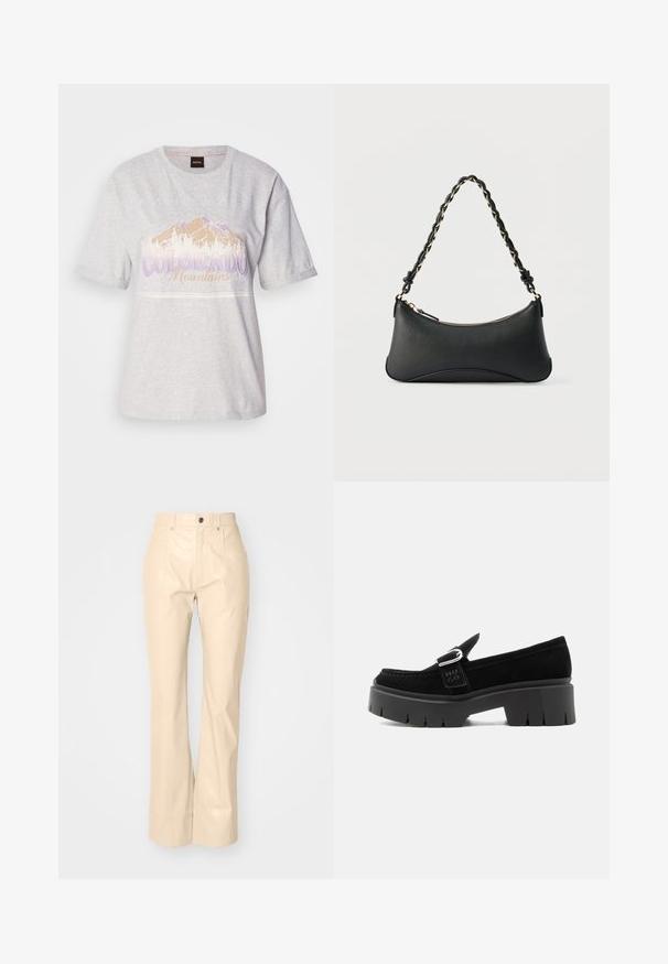 Lys grå bomulds t-shirt med korte ærmer, der har et bjerggrafik og tekst i lilla og beige. Rund halsudskæring, afslappet pasform.; Beige faux læder fløjsbukser med en glat overflade, der har frontlommer, knaplukning og en subtil shiny finish.; Sort ruskindslipper med kraftig sål, sølvspænde og præget "HUGO" på sidesnoren, vist fra ydersiden.; Sort skuldertaske i læder med en buet rektangulær form, gyldent kæde vævet ind i en flettet sort rem og toplynlås.