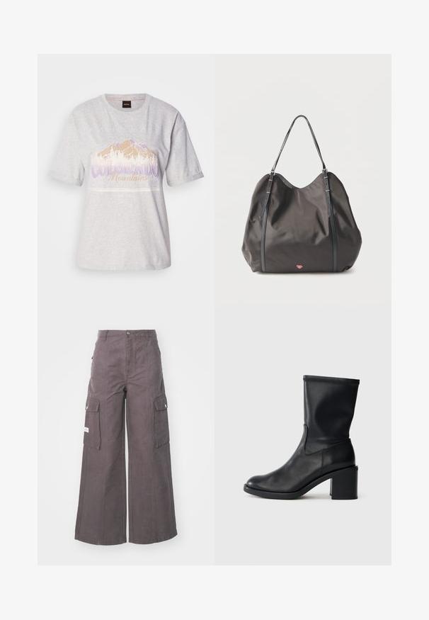 T-shirt en coton gris clair à manches courtes, avec un graphisme de montagne et du texte en violet et beige. Encolure ronde, coupe décontractée.; Pantalons cargo larges gris en fabric robuste, dotés de quatre grandes poches, d'une fermeture à bouton à l'avant et d'une coupe décontractée.; Botte en cuir noir à cheville avec un bout rond, texture lisse et un talon épais, présentant un tige ajustée et un subtil détail de couture.; Sac fourre-tout souple noir avec des bretelles d'épaule doubles réglables et un petit emblème de cœur rouge près de la base sur un fond uni.