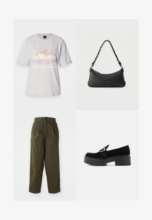 Helle graue Baumwoll-T-Shirt mit kurzen Ärmeln, das ein Berggrafik und Text in Violett und Beige zeigt. Runder Halsausschnitt, lockere Passform.; Olivgrüne, weit geschnittene Hosen mit hoher Taille, die vordere Falten und umgeschlagene Säume aufweisen. Hergestellt aus leichtem Stoff mit glatter Textur.; Schwarzer Wildleder-Slipper mit klobiger Profilsohle, silberner Schnallendetail und geprägtem "HUGO" auf dem seitlichen Riemen, dargestellt von der Außenseite.; Schwarze Lederschultertasche mit gewölbter rechteckiger Form, goldener Kette, die in den geflochtenen schwarzen Riemen eingewebt ist, und Reißverschlussverschluss oben.