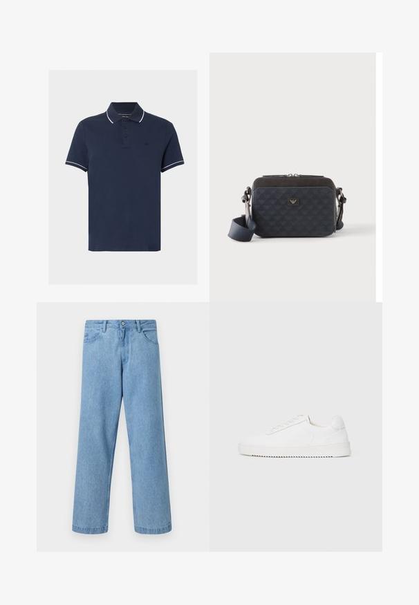 Polo bleu marine à manches courtes avec bordure blanche sur le col et les bords des manches, patte de boutonnage à trois boutons et logo discret sur la poitrine.; Jean en denim bleu clair à jambes droites avec poches devant, passants de ceinture et fermeture par bouton, sur fond uni.; Sneaker blanc avec une tige en cuir lisse, bout rond, lacets, accents latéraux texturés et une épaisse semelle en caoutchouc. Design minimaliste.; Sac bandoulière rectangulaire bleu foncé avec sangle réglable, fermeture éclair et motif subtil du logo sur le panneau avant.