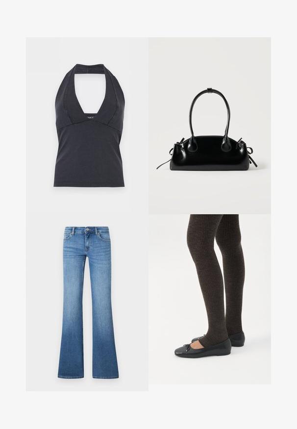 Top noir à encolure halter avec un profond décolleté en V et une taille cintrée, sans manches, sur un fond uni.; Jean flare bleu clair en denim. Comprend un design à cinq poches, une fermeture par bouton métallique et un léger délavage près des genoux.; Jambes portant des leggings côtelés foncés associés à des ballerines noires avec de petits détails en nœud sur fond blanc.; Petit sac à main noir brillant avec deux longues anses et des détails à cordon sur les côtés sur un fond clair uni.