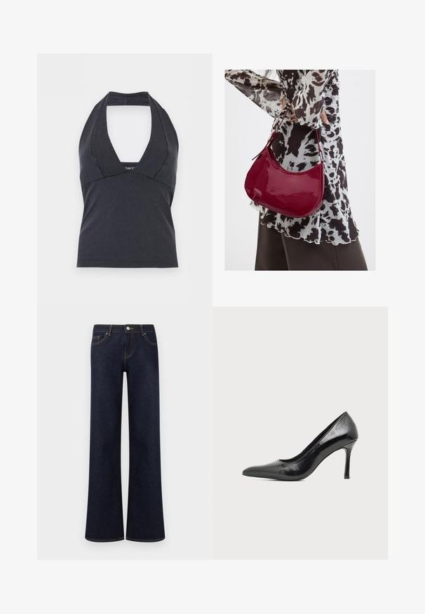 Top noir à encolure halter avec un profond décolleté en V et une taille cintrée, sans manches, sur un fond uni.; Jean en denim bleu foncé à jambes larges avec poches avant, fermeture par bouton et fermeture éclair, et coutures contrastantes visibles.; Chaussure à talon haut pour femme en cuir verni noir avec bout pointu et talon fin sur fond clair uni.; Femme portant un chemisier à motif noir et blanc tenant un sac à main rouge brillant sur un fond uni.