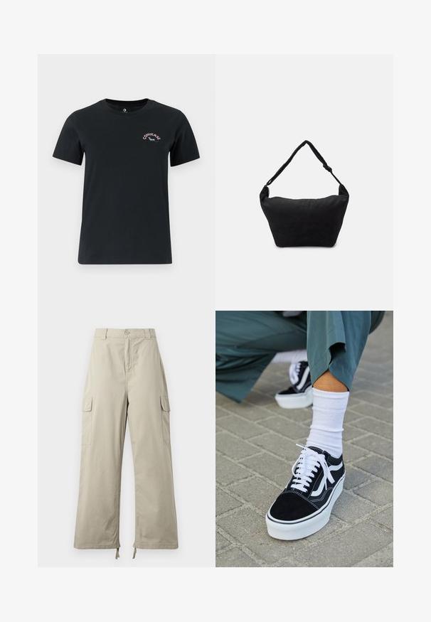 Camiseta negra de manga corta hecha de algodón. Presenta un cuello redondo y un pequeño logo de "Converse" de color en la parte superior izquierda del pecho.; Pantalones cargo de color beige claro con un ajuste relajado, que cuentan con cierre de botón, bolsillos laterales y dobladillo ajustable con cordones. Textura de tela suave.; Zapatillas de ante negro con acentos y cordones blancos, que cuentan con una gruesa suela blanca y costuras en contraste, combinadas con un calcetín blanco.; Bolso de hombro de tela negro con una superficie suave y texturizada, forma redondeada y una sola correa. Diseño minimalista sin hardware ni acentos visibles.
