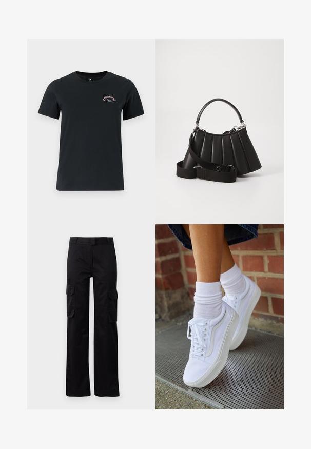 Sort kortærmet T-shirt lavet af bomuld. Har en rund hals og et lille, farvet "Converse" logo på den øverste venstre bryst.; Sorte cargo bukser lavet af slidstærkt stof, med to sidelommer og et lige ben-design. Glat tekstur med en klassisk pasform.; Hvide lærreds sneakers med gummisåler, der har seks snørehuller, rund tå og let sømdetaljer, krydret med hvide ankelstrømper.; Sort plisseret handbag med et rundet håndtag, justerbar rem og blank overflade. Har sølvfarvet hardware og en struktureret silhuet.