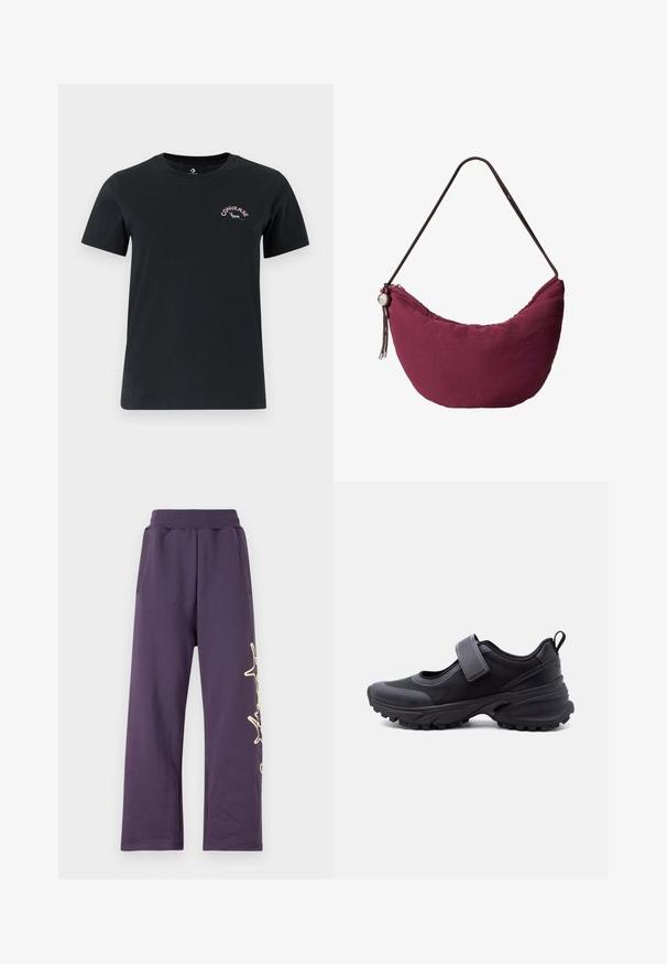 Schwarzes T-Shirt mit kurzen Ärmeln aus Baumwolle. Mit Rundhalsausschnitt und einem kleinen, farbigen "Converse"-Logo auf der oberen linken Brust.; Lila Sweatpants mit einem elastischen Bund, Seitentaschen und einem goldenen Grafikdesign am linken Bein. Weiches Material mit lockerer Passform.; Schwarzer Sportschuh mit robust profilierter Sohle, verstellbarem Riemen über dem Spann und Zuglasche an der Ferse, seitlich auf weißem Hintergrund abgebildet.; Kleine, halbmondförmige Schultertasche in Weinrot mit dünnem Riemen, Reißverschluss und dekorativer runder Perle auf einer Seite.