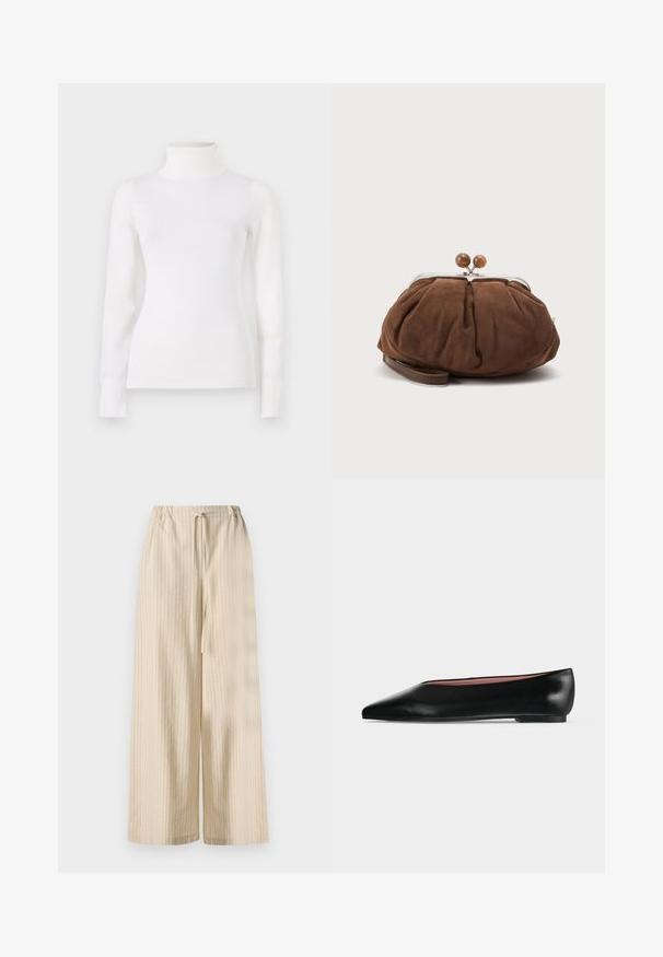 Pull en col roulé blanc, taille ajustée, manches longues, texture douce, tissu lisse, detailing minimal, poignets et col côtelés.; Pantalons large beige clair en tissu doux, ornés de rayures verticales et d'une taille élastique avec un détail de lien à nouer.; Chaussure plate en cuir noir pour femme, avec bout pointu et petit talon, vue de côté sur un fond gris clair uni.; Petit sac poignet en daim marron doux avec cadre en métal argenté et boules rondes marron de fermeture sur fond clair uni.