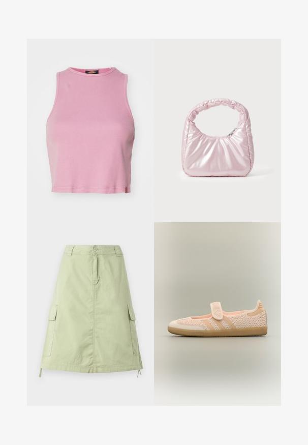 Ružový rebrovaný crop top s okrúhlym výstrihom a bezrukávovým dizajnom. Má lemovanie končiace tesne nad pásom.; Svetlozelená bavlnená sukňa po kolená s dvoma bočnými cargo vreckami, zapínaním na gombík a uvoľneným rovný strihom. Hladká textúra.; Svetloružová tkaná látková obuv Mary Jane s béžovým lemom, suchým zipsom a gumovou podrážkou na jednofarebnom béžovom pozadí.; Ružová, polstrovaná kabelka s oblehnutým dizajnom, vyrobená z lesklého materiálu. Obsahuje naťahovanú rukoväť a zipsové uzatvorenie pre bezpečný prístup.