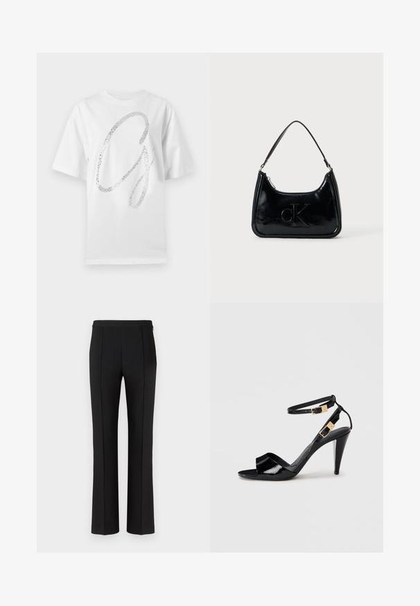 T-shirt blanc en coton à manches courtes avec un grand graphique argenté pailleté de la lettre "G" sur le devant.; Pantalon noir ajusté avec une texture lisse, présentant une coupe droite, des plis centraux à l'avant et un design de taille minimaliste.; Sandale à talon haut en cuir verni noir avec double bride de cheville et boucles dorées, bout ouvert, et talon effilé sur fond neutre.; Sac à main en cuir verni noir avec une anse incurvée, fermeture éclair et logo "cK" embossé sur le devant. Texture lisse, forme structurée.