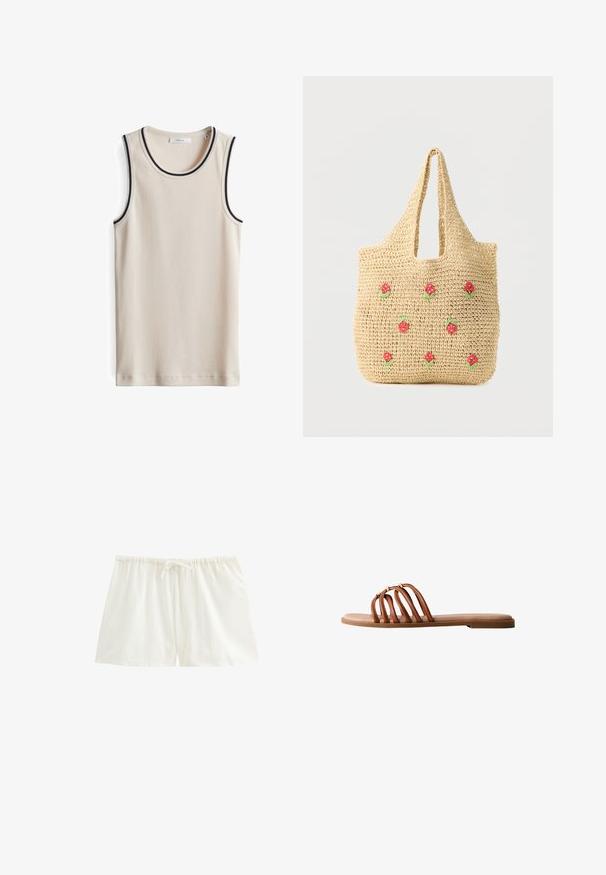 Beige geripptes Tanktop mit marineblauem Streifenbesatz am Halsausschnitt und den Armausschnitten. Hat ein sauberes Design und eine weiche Textur.; Weiße Baumwoll-Schlafshorts mit elastischem Bund und vorne gebundenem Kordelzug, auf weißem Hintergrund dargestellt.; Flache braune Sandale mit vier dünnen, gebogenen Riemen, die den Fuß überkreuzen, und kleinen goldenen Schnallendetails an jedem Riemen.; Beige gewebte Tragetasche mit kurzen Griffen, verziert mit kleinen roten und grünen gestickten Blumen, die über die Vorderseite verteilt sind.