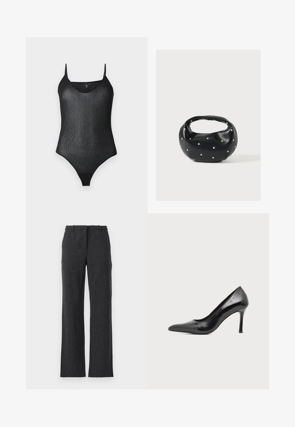 Μαύρο διχτυωτό bodysuit με λεπτές τιράντες και διακριτό σχέδιο με μικρές κουκίδες καθ' όλη τη διάρκεια.; Ανθρακί γκρι παντελόνια με ίσια γραμμή, κατασκευασμένα από υφασμάτινη υφή. Διαθέτουν θηλιές ζώνης, επίπεδο μπροστινό μέρος και χωρίς ορατές τσέπες.; Γυναικείο παπούτσι με ψηλό λεπτό τακούνι από μαύρο δερμάτινο βερνίκι, με μυτερή μύτη, σε απλό φωτεινό φόντο.; Μαύρη δερμάτινη τσάντα χειρός με στρογγυλεμένο σχήμα, διακοσμημένη με ασημένιες λεπτομέρειες με καρφιά και κοντή λαβή. Λείο υλικό και κλείσιμο με φερμουάρ.