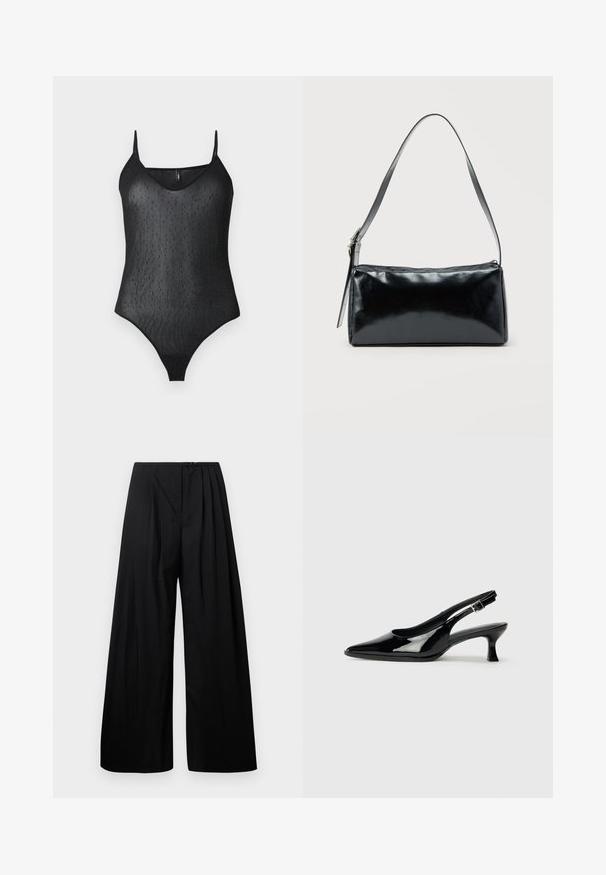 Μαύρο διχτυωτό bodysuit με λεπτές τιράντες και διακριτό σχέδιο με μικρές κουκίδες καθ' όλη τη διάρκεια.; Μαύρο παντελόνι με φαρδιά μπατζάκια και ψηλή μέση, με κατακόρυφες πτυχώσεις και κλείσιμο με κουμπί. Λείο υφασμά, μινιμαλιστικός σχεδιασμός.; Μαύρες παλαιωμένες slingback γόβες με αιχμηρή μύτη και χαμηλό τετράγωνο τακούνι. Ρυθμιζόμενη αγκράφα στον αστράγαλο.; Μαύρη ορθογώνια τσάντα ώμου με έναν ρυθμιζόμενο ιμάντα και κλείσιμο με φερμουάρ στην κορυφή σε μονόχρωμο φόντο.
