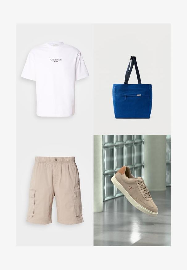 Weißes Baumwoll-T-Shirt mit Rundhalsausschnitt und kurzen Ärmeln. Auf der Vorderseite ist "Calvin Klein" in einer minimalistischen Schrift über "JEANS" abgebildet.; Beige Cargo-Shorts mit elastischem Bund, Knopfverschluss, zwei Seitentaschen und zusätzlichen Taschen an den Oberschenkeln. Leichter Stoff.; Beiger Wildleder-Sneaker mit braunem Leder-Fersendetail und weißer Sohle, der drinnen nahe einer Glassteinwand und einem Betonboden schwebt.; Blaue Canvas-Einkaufstasche mit einer vorderen Reißverschlusstasche, doppelten Schulterriemen und rechteckiger Form. Verfügt über ein dezentes Markenlabel.