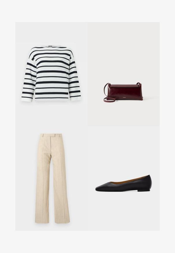 Chemise blanche à manches longues avec des rayures horizontales noires, encolure ronde et coupe légèrement ample.; Pantalon beige taille haute à jambes larges avec passants de ceinture et plis devant, réalisé en tissu texturé.; Chaussure plate en cuir noir à bout pointu avec talon bas et finition lisse, vue de côté sur un fond gris clair.; Sac à bandoulière en cuir bordeaux avec une texture lisse, de forme rectangulaire, fermeture à rabat et une fine sangle réglable. Détail du logo doré visible.