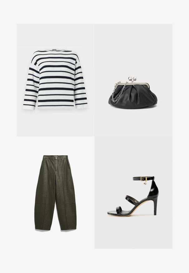 Chemise blanche à manches longues avec des rayures horizontales noires, encolure ronde et coupe légèrement ample.; Pantalon en cuir vert foncé taille haute, jambes larges, avec poches avant, passants de ceinture et fermeture par bouton à la taille.; Sandale en cuir verni noir avec trois brides, boucle de cheville et talon aiguille de 10 cm. Présente un détail en métal doré et un charm logo.; Porte-monnaie en cuir noir avec texture froncée, cadre en métal argenté, fermeture à verrouillage kiss-lock et bandoulière en chaîne. Surface lisse et douce.