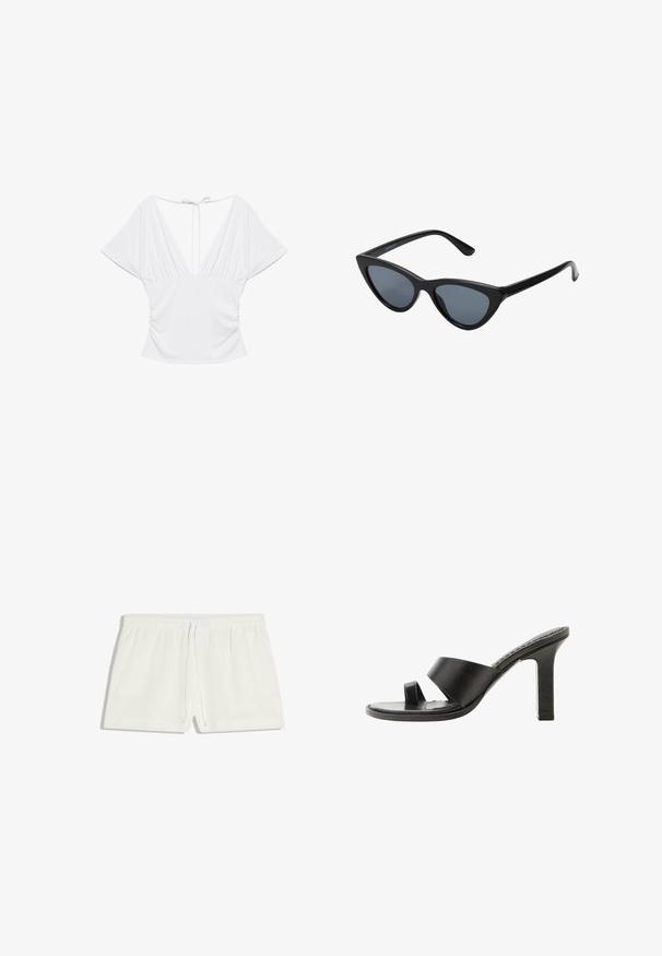 Witte blouse met korte mouwen, diepe V-hals, geplooide zijkanten en dunne striksluiting aan de achterkant van de halslijn.; Witte casual shorts met een elastische tailleband en een vooraan verstelbaar trekkoord, voorzien van zijzakken en een ontspannen pasvorm.; Zwarte sandaal met hoge hak, brede band over de voet en teenlus, zijaanzicht op een witte achtergrond.; Zwarte cat-eye zonnebril met donkergrijze lenzen, slank plastic frame, puntige hoeken en rechte pootjes. Geen zichtbare hardware of accenten.
