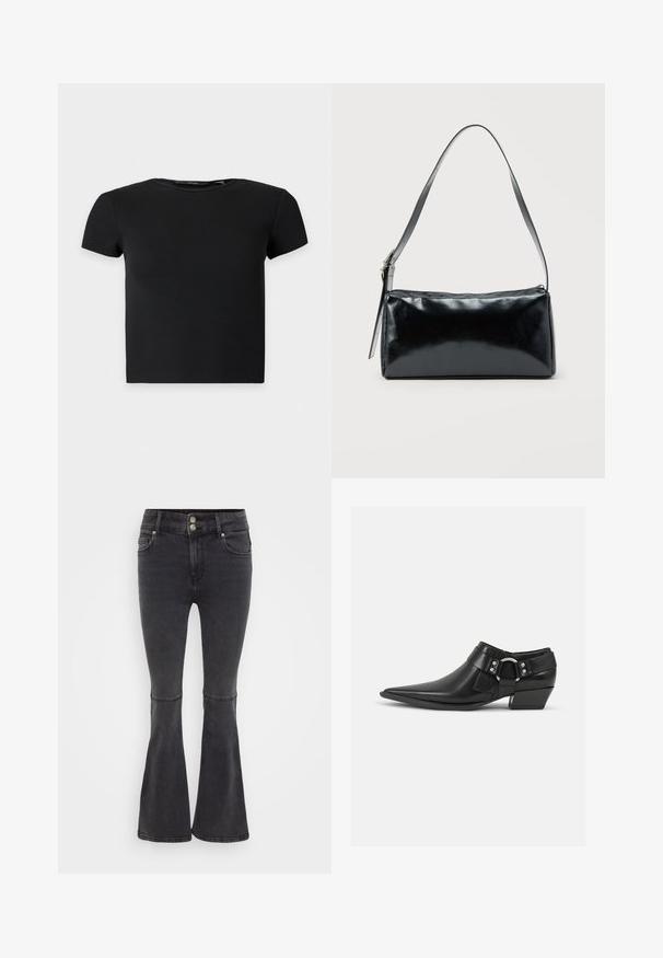 Top court noir à manches courtes en côte avec un col rond, présenté sur un fond clair uni.; Jean noir évasé en denim, avec une taille haute, une fermeture à double bouton et des poches avant avec une finition soignée.; Bottines en cuir noir avec un bout pointu, présentant une sangle en cuir à l'avant et un détail de boucle en argent, ainsi qu'un petit talon carré.; Sac d'épaule rectangulaire noir avec une sangle réglable unique et une fermeture éclair supérieure sur un fond uni.