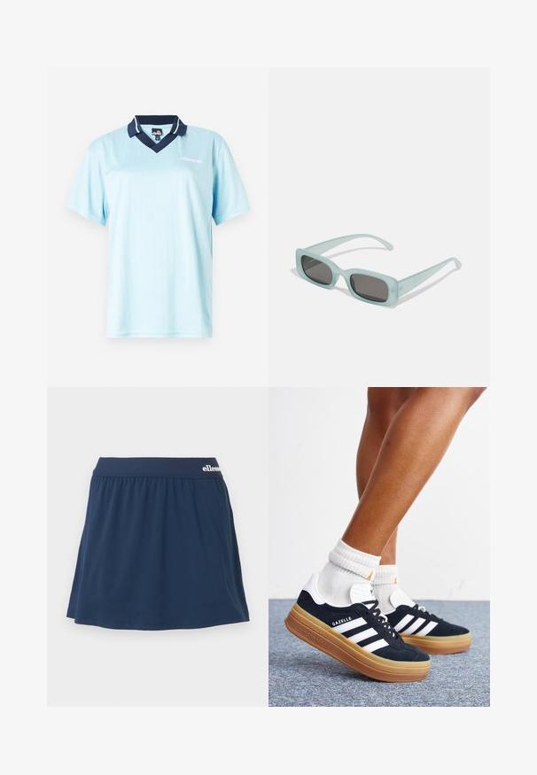 Polo bleu clair à manches courtes avec un col navy. Rayures verticales et logo en accent à l'avant. Tissu lisse et léger.; Jupe-culotte en tissu doux bleu marine avec une taille élastique. Présente un design froncé et un petit logo sur la taille.; Jambes portant des chaussettes blanches et des baskets Adidas Gazelle noires avec des bandes blanches et des semelles épaisses marron sur un sol recouvert de moquette grise.; Une paire de lunettes de soleil rectangulaires avec des montures translucides bleu clair et des verres gris foncé, présentant des branches droites et des détails matériels minimaux.