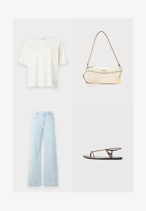 CLOSED WIDE SLEEVE - T-shirt basique - ivory; Des jeans en denim bleu clair à taille haute, à jambes larges, avec des poches avant et des détails de couture visibles sur les coutures et l'ourlet.; Sandale en cuir marron avec des fines lanières, un accent circulaire doré et une semelle plate. Design minimaliste avec un détail de boucle réglable.; Sac bandoulière Michael Kors couleur crème avec breloque logo dorée, fermeture éclair et bandoulière ajustable sur fond uni.
