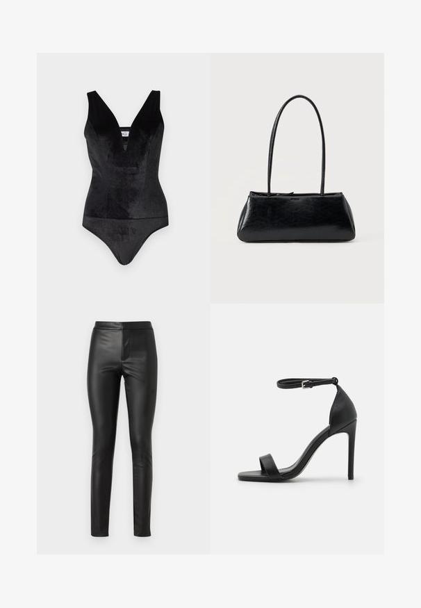 Bodysuit noir avec un décolleté en V profond, fabriqué en matériau doux et extensible, doté de larges bretelles et d'une silhouette ajustée.; Leggings en cuir noir avec une texture lisse, coupe slim et taille haute. Comprend une couture avant pour une apparence élégante.; Sandale noire à talons hauts au design épuré, avec une bride au niveau de la cheville, un bout ouvert et une texture en cuir lisse.; Sac à épaule rectangulaire noir avec de longues bretelles fines et une texture lisse et brillante sur un fond uni.