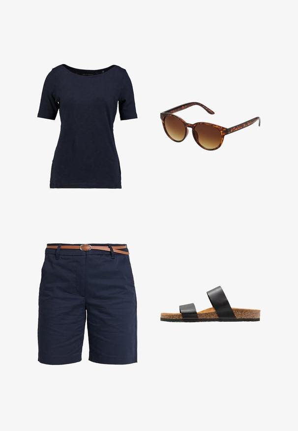 Kragenloses T-Shirt aus Baumwolle in Marineblau mit kurzen Ärmeln. Es verfügt über einen U-Boot-Ausschnitt und einen lockeren Schnitt mit seitlichen Schlitzen für mehr Bewegungsfreiheit.; Navy Baumwollshorts mit glatter Textur, ausgestattet mit einem braunen Leder-Gürtel und einem klassischen geraden Schnitt. Keine sichtbaren Muster oder Verzierungen.; Schwarze Leder-Schlafsandalen mit zwei breiten Riemen und einem Korkfußbett. Verfügt über eine strukturierte Sohle für guten Halt und ein flaches, offenes Design.; Schildpatt-Sonnenbrille mit einer vintage Katzenaugenform, verlaufenden braunen Gläsern und einer glatten, glänzenden Oberfläche an Rahmen und Bügel.