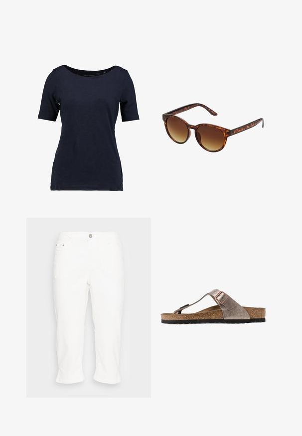Mørkeblå kortærmet t-shirt lavet af bomuld. Har en rund halsudskæring og en afslappet pasform med sideudskæringer for bedre bevægelsesfrihed.; Kaffe KAZELINA - Jeans Straight Leg - chalk; Brune læderflip-flop sandal med en tekstureret overflade, justerbar rem med en metalspænde og en polstret korkfodseng. Sorte ydersål.; Skildpadde-solbriller med en vintage katteøjeform, gradientbrune linser og en glat, blank finish på stellet og arme.