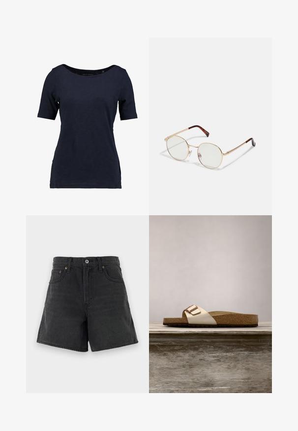 Mørkeblå kortærmet t-shirt lavet af bomuld. Har en rund halsudskæring og en afslappet pasform med sideudskæringer for bedre bevægelsesfrihed.; Sorte denimshorts med klassisk snit, der har en knapåbning, fem lommer og minimal syning. Glat tekstur.; Sandal med slide-design, der har en let metallisk overdel, korkfodbed og tekstureret brun gummisål. Spænde detalje med logoaccent.; Guldmetals ovale briller med klare linser. Skildpadde-mønster detaljer på stængerne. Justerbare næsepuder for komfort.