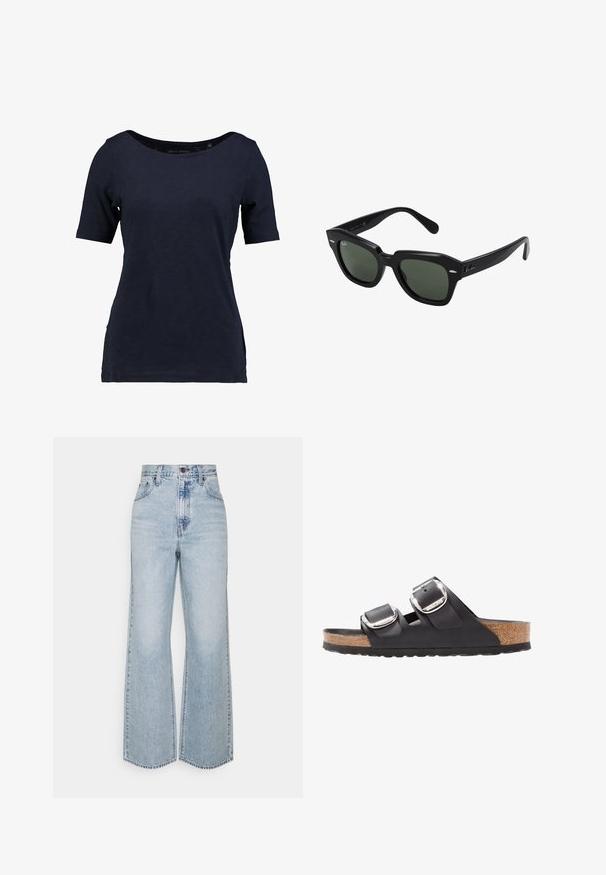 Kragenloses T-Shirt aus Baumwolle in Marineblau mit kurzen Ärmeln. Es verfügt über einen U-Boot-Ausschnitt und einen lockeren Schnitt mit seitlichen Schlitzen für mehr Bewegungsfreiheit.; Helle blaue Jeans im weiten Schnitt mit hoher Taille, klassischem Fünf-Taschen-Design und kontrastierenden Nähten. Unfinished Saum am unteren Ende.; Schwarze Sandale mit zwei verstellbaren Riemen, silbernen Schnallen und einem Korkfußbett auf einer strukturierten schwarzen Gummisohle.; Schwarze quadratische Sonnenbrillen mit dunkelgrünen Gläsern, ausgestattet mit markanten Rahmen und silbernen Akzenten an den Seiten. Hergestellt in Italien.