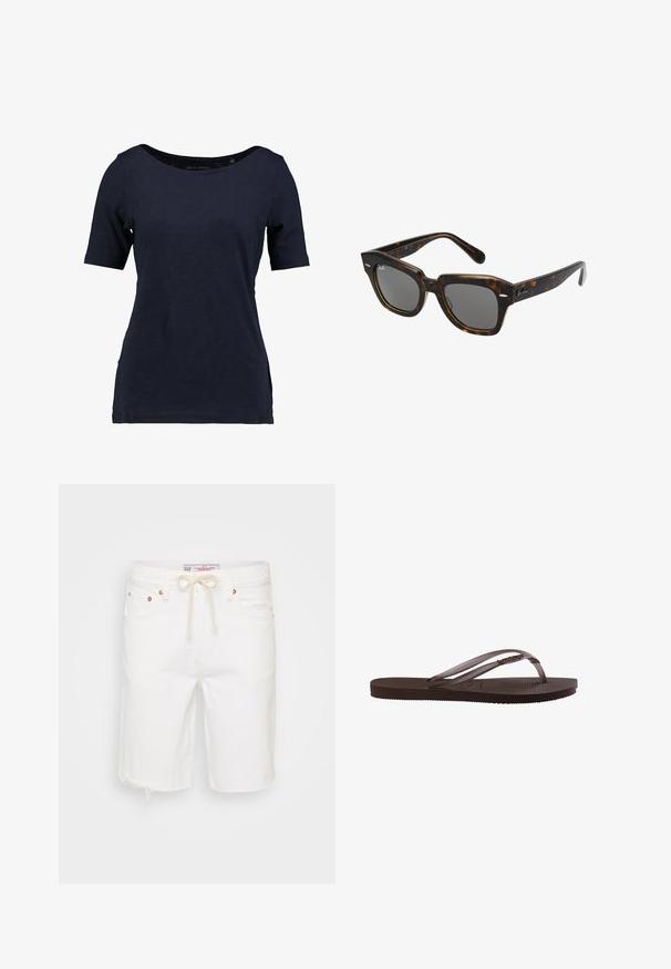 Mørkeblå kortærmet t-shirt lavet af bomuld. Har en rund halsudskæring og en afslappet pasform med sideudskæringer for bedre bevægelsesfrihed.; Hvide denim shorts med en frynsedetalje i bunden, der har en justerbar talje med snøring, fem lommer og hardware i kobberfarve.; Brun gummiflips med tekstureret sål og tynde remme med lille dekorativt metal-detalje på siden.; Rektangulære solbriller med ramme i skildpaddemønster af plast, mørke linser og sølvdetaljer på siderne. Fremstillet i Italien.