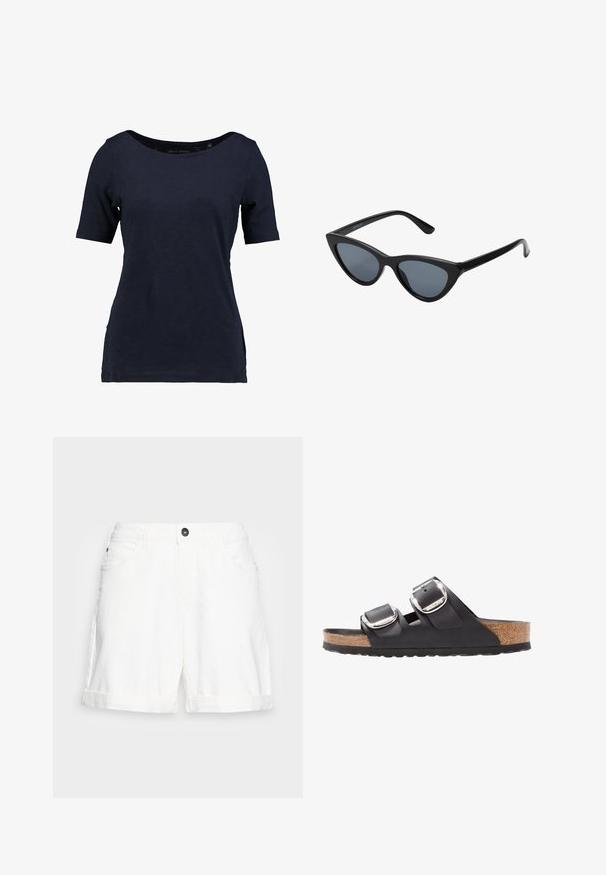 Kragenloses T-Shirt aus Baumwolle in Marineblau mit kurzen Ärmeln. Es verfügt über einen U-Boot-Ausschnitt und einen lockeren Schnitt mit seitlichen Schlitzen für mehr Bewegungsfreiheit.; Weiße Denim-Shorts mit umgeschlagenem Saum, Fünf-Taschen-Design und einem schwarzen Knopf an der Taille. Weicher Stoff und lässiger Schnitt.; Schwarze Sandale mit zwei verstellbaren Riemen, silbernen Schnallen und einem Korkfußbett auf einer strukturierten schwarzen Gummisohle.; Schwarze Cat-Eye-Sonnenbrille mit dunkelgrauen Gläsern, schlankem Kunststoffrahmen, spitzen Ecken und geraden Bügeln. Keine sichtbaren Befestigungen oder Akzente.