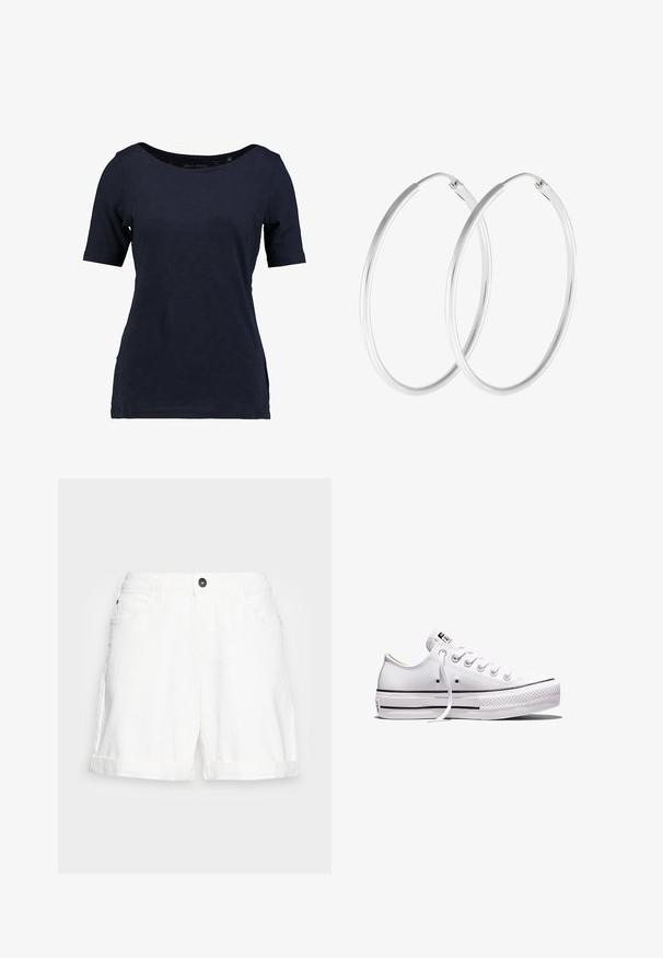 Kragenloses T-Shirt aus Baumwolle in Marineblau mit kurzen Ärmeln. Es verfügt über einen U-Boot-Ausschnitt und einen lockeren Schnitt mit seitlichen Schlitzen für mehr Bewegungsfreiheit.; Weiße Denim-Shorts mit umgeschlagenem Saum, Fünf-Taschen-Design und einem schwarzen Knopf an der Taille. Weicher Stoff und lässiger Schnitt.; Weißer Sneaker aus Segeltuch mit niedrigem Schnitt, weißen Schnürsenkeln, Gummisohle, schwarzen Streifendetails und Logopatch auf der Zunge und Ferse.; Silberfarbene Creolen mit einer glatten, runden Form und einer polierten Oberfläche. Beide Ohrringe haben die gleiche Größe und verfügen über einen sicheren Verschlussmechanismus.