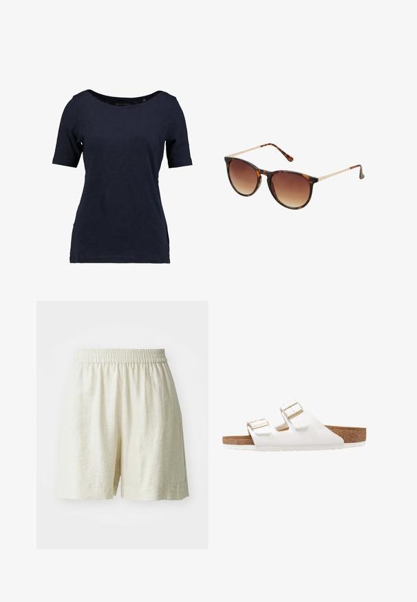 Marineblauwe t-shirt met korte mouwen, gemaakt van katoen. Heeft een ronde halslijn en een relaxte pasvorm met zijsplitten voor betere bewegingsvrijheid.; Linnen shorts, crème kleur, met een elastische tailleband en een losse pasvorm. Eenvoudig ontwerp, gladde textuur en geen zichtbare patronen of hardware.; Witte rubberen sandalen met twee verstelbare banden, gouden gespen en een bruine kurken voetbed. Gestructureerde zool voor grip, minimalistisch ontwerp.; Schildpadbril met een verloop van bruine lenzen, cat-eye vorm, gouden metalen accenten op de slapen en een gladde kunststof frame.