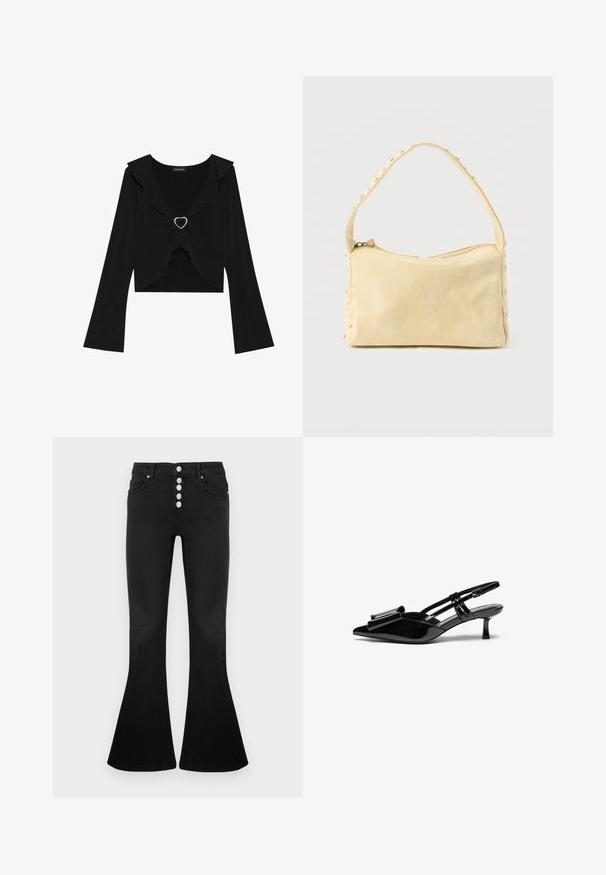 Haut noir à manches longues avec col froncé et accent métallique en forme de cœur à l'avant. Tissu doux, coupe courte et manches évasées.; Jean évasé noir taille haute, braguette à cinq boutons, texture en denim doux et détails de coutures discrètes sur les poches et les coutures.; Talons aiguilles en cuir verni noir avec un bout pointu, un détail en nœud à l'avant et un petit talon stiletto. Les brides sont équipées de boucles ajustables.; Petit sac à main en cuir beige avec une seule bandoulière et des clous argentés le long des bords et de la bandoulière, posé sur un fond uni.