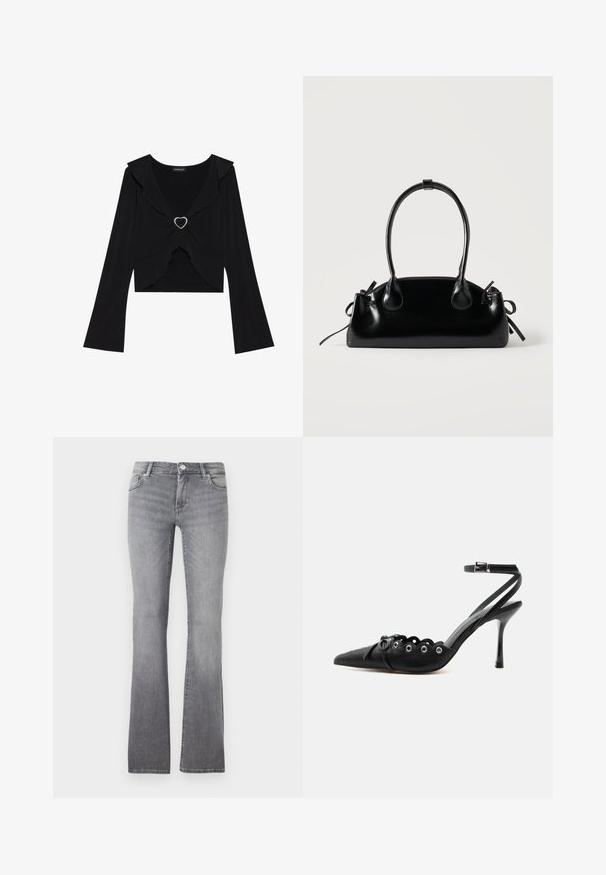 Haut noir à manches longues avec col froncé et accent métallique en forme de cœur à l'avant. Tissu doux, coupe courte et manches évasées.; Jeans gris évasés en denim avec une texture douce, dotés d'un design à cinq poches et d'une fermeture à bouton métallique au niveau de la taille.; Chaussure à talon haut noire à bout pointu, bords festonnés, œillets métalliques, lacets à l'avant et bride de cheville avec fermeture à boucle.; Petit sac à main noir brillant avec deux longues anses et des détails à cordon sur les côtés sur un fond clair uni.