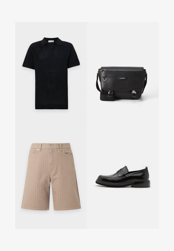 Schwarzes kurzärmliges Polo-Shirt mit einem strukturierten Rautenmuster, ausgestattet mit einem Kragen und geripptem Saum sowie Ärmeln.; Beige Shorts aus strukturiertem Stoff mit vertikalen Streifen, einem Bund mit vorderer Knopfleiste und seitlichen Taschen.; Calvin Klein MOCCASIN - Business-Slipper - black; Schwarze, strukturierte Lacoste-Umhängetasche mit verstellbarem Tragegurt, Frontklappe, Reißverschlusstasche und Metallschnallen.