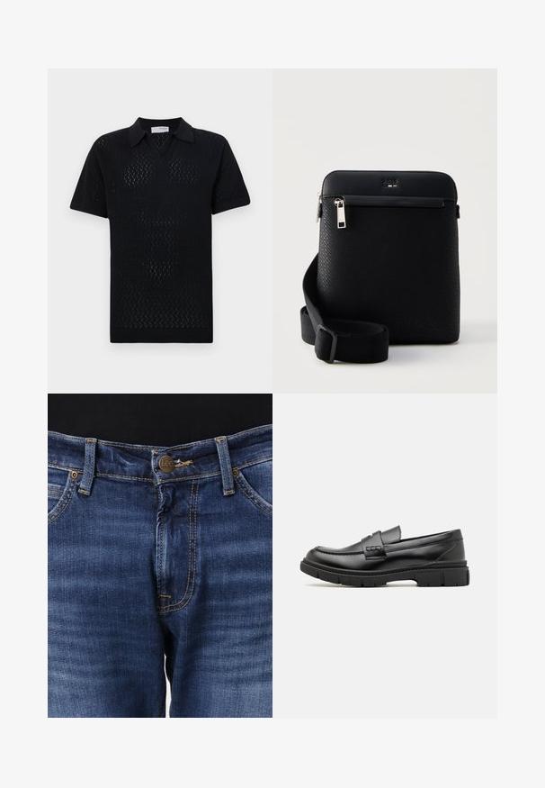 Schwarzes kurzärmliges Polo-Shirt mit einem strukturierten Rautenmuster, ausgestattet mit einem Kragen und geripptem Saum sowie Ärmeln.; Blaue Jeans aus Denim mit Vorderknopfverschluss, Gürtelschlaufen, kupferfarbenen Nieten und orangefarbener Naht.; Schwarze Lederloafer mit einem breiten Riemen über dem Rist, Gummisohle mit dicken Profilen und glatter Textur. Klassisches, schlankes Design.; Schwarze strukturierte Crossbody-Tasche mit verstellbarem Riemen, vorderer Reißverschlusstasche und geprägt logo in der Nähe des oberen Reißverschlusses.