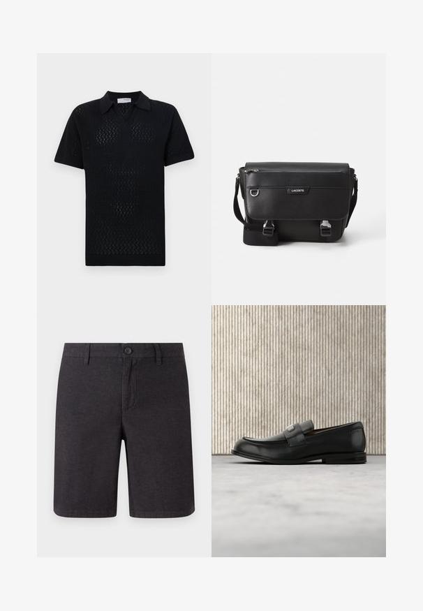 Polo negro de manga corta con un patrón de diamantes texturizado, que presenta un cuello con solapa y dobladillo y mangas acanaladas.; Pantalones cortos gris oscuro hechos de tejido woven, con cierre de botón, trabillas para cinturón y un diseño de pierna recta, con dobladillos limpios y bolsillos laterales.; Mocasín de cuero negro con una placa metálica de marca apoyado cerca de una mesa redonda marrón sobre un suelo alfombrado beige.; Bolso mensajero Lacoste negro texturizado con correa ajustable, tapa frontal, bolsillo con cremallera y cierres de hebilla metálica.
