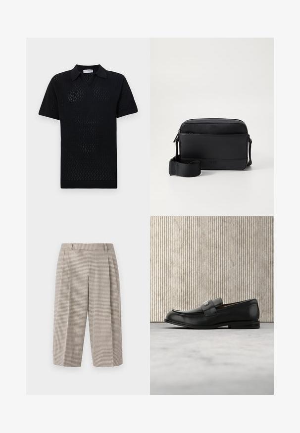 Schwarzes kurzärmliges Polo-Shirt mit einem strukturierten Rautenmuster, ausgestattet mit einem Kragen und geripptem Saum sowie Ärmeln.; Hoch taillierte, weit geschnittene kurze Hose mit beige-schwarz kleinem Karomuster, Gürtelschlaufen und vorderen Falten.; Schwarzer Lederloafer mit einer Metallmarkenplatte, der nahe einem braunen runden Tisch auf beigem Teppichboden ruht.; Schwarze Umhängetasche aus glattem Leder mit einer Vordertasche, Reißverschluss und verstellbarem Stoffgurt. Markenlogo auf der Vorderseite eingeprägt.