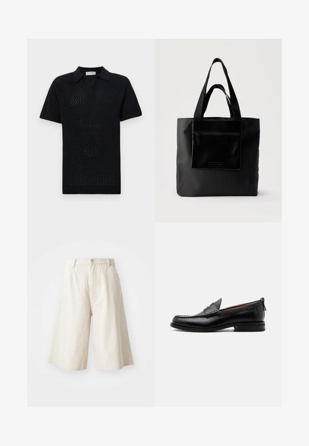 Schwarzes kurzärmliges Polo-Shirt mit einem strukturierten Rautenmuster, ausgestattet mit einem Kragen und geripptem Saum sowie Ärmeln.; Beige weite Shorts aus Baumwolle mit geradem Schnitt, frontalen Taschen und sichtbarem Knopfverschluss am Bund.; Schwarzer Leder-Herrenschuh mit Mokassinnaht, Penny-Riemen, strukturiertem Kragen und niedrigem gestapeltem Absatz auf weißem Hintergrund.; Schwarze Tragetasche mit vorderer Reißverschlusstasche und zwei Griffen, vor einfachem hellem Hintergrund.