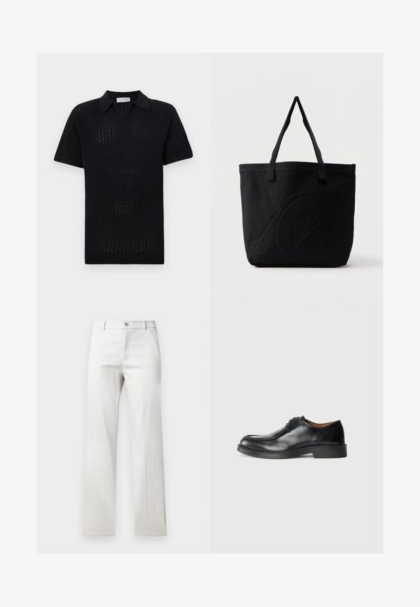 Schwarzes kurzärmliges Polo-Shirt mit einem strukturierten Rautenmuster, ausgestattet mit einem Kragen und geripptem Saum sowie Ärmeln.; Helle graue Hose mit geradem Bein, aus einem glatten Stoff gefertigt, mit vorderer Knopfverschluss und Seitentaschen.; Schwarze Leder-Dressschuhe mit abgerundetem Zehenbereich, glatter Oberfläche, Schnürdetails und einer niedrigen, strukturierten Gummisohle. Saubere Linien und minimalistisches Design.; Schwarze Canvas-Shopper-Tasche mit zwei Schulterriemen und einem dezenten, eingeprägten kreisförmigen Design auf der Vorderseite.