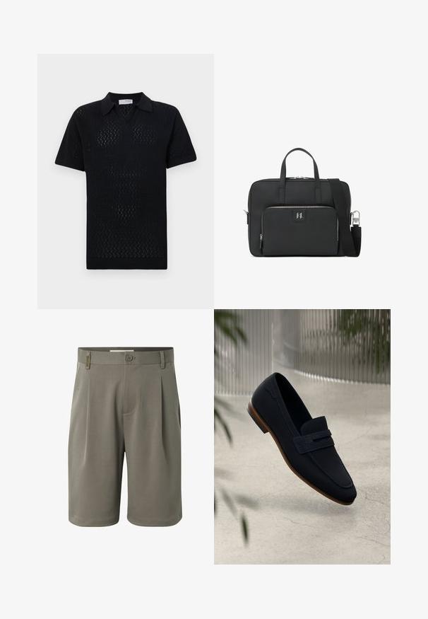 Polo negro de manga corta con un patrón de diamantes texturizado, que presenta un cuello con solapa y dobladillo y mangas acanaladas.; Pantalones cortos para hombre de color verde oliva hasta la rodilla con cierre de botón, trabillas para cinturón y bolsillos laterales, mostrados sobre un fondo blanco.; Mocasines navy con exterior suave, acento de tira trenzada y suela de cuero marrón claro. Textura suave, forma clásica y diseño discreto.; Bolso para laptop negro hecho de cuero sintético texturizado. Presenta dos asas, una correa de hombro desmontable y un bolsillo frontal con cremallera y logo.