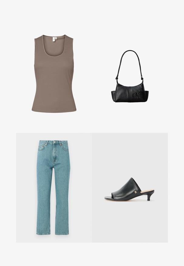 Brun ærmeløs top lavet af glat, strækbart stof. Har en dyb udskæring og en tætsiddende pasform med minimale sømme og ingen udsmykninger.; Lyseblå, høj talje jeans med lige ben-design. Lavet af denim, featuring forlommer og knaplukning.; Sorte læder open-toe mules med en lav hæl. Har en glat overflade og et guld logo-prim på siden.; Sort læder skuldertaske med lang rem, sidelommer og præget Calvin Klein-logo på fronten.